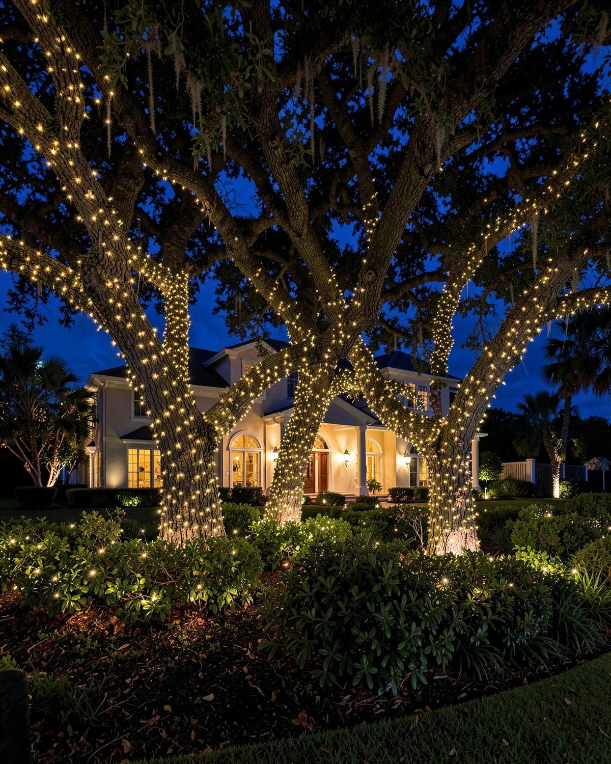 Oak trees and bushes wrapped in warm white lights at a Gulf Breeze home