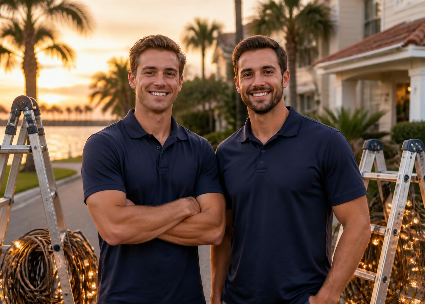 The two owners of Coastal Christmas standing with ladders and string lights at sunset